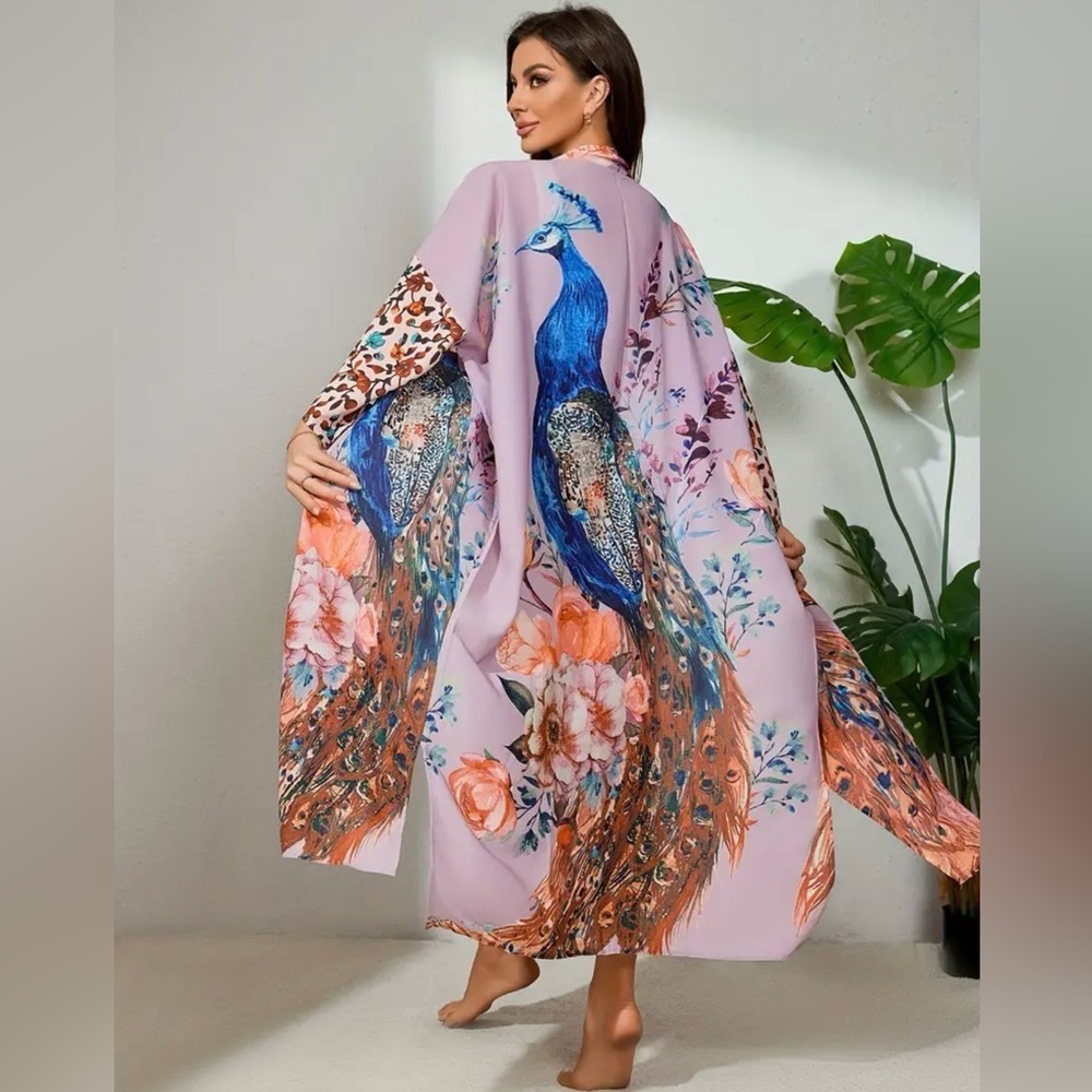 Boho Floral Peacock Kimono Cover Up Robe